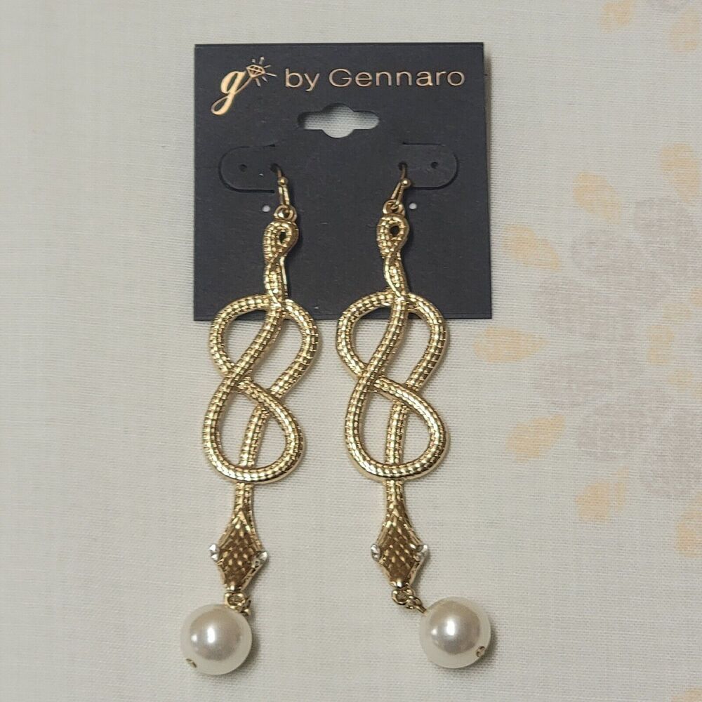 G By Gennaro Dangle Snake Earrings Faux Pearl Gold Tone
